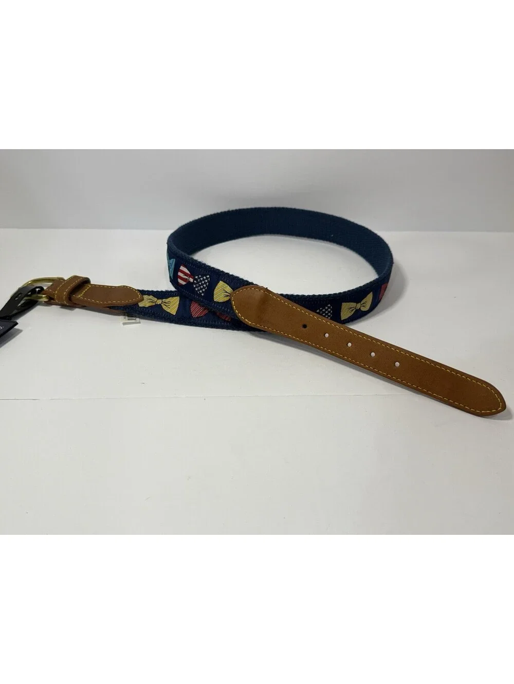 Men's Size 36 Simply Southern Collection Bow Tie Patterned Canvas/Leather Belt